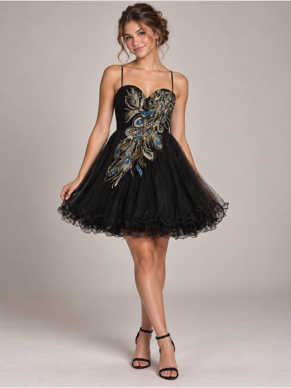 Nina Canacci Black Mini Dress with Gold and Teal Embellishment